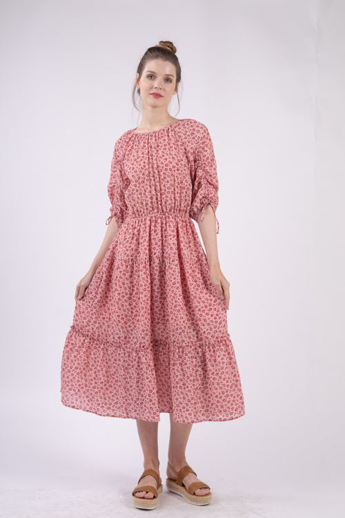 VERY J Floral Round Neck Tiered Midi Dress