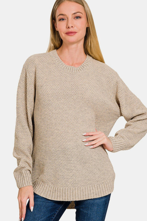 Zenana Ful Size Round Neck Long Sleeve Curved Hem Sweater