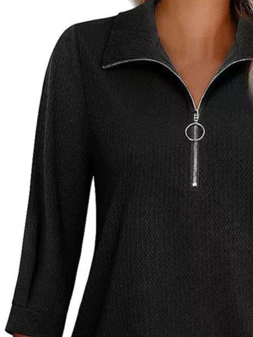 Half Zip Collared Neck Three-Quarter Sleeve T-Shirt