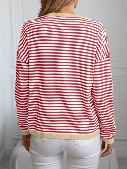 Contrast Trim Striped V-Neck Long Sleeve Knit Top