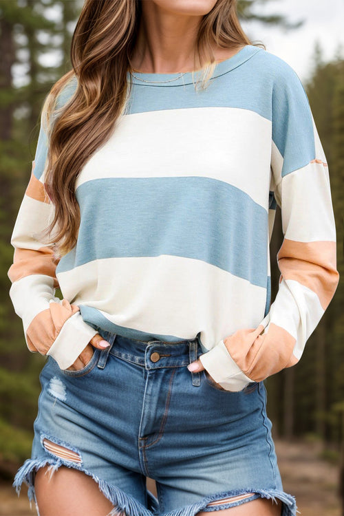 Contrast Color Block Round Neck Long Sleeve Top