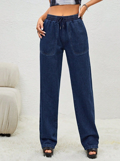 Drawstring Elastic Waist Jeans with Pockets