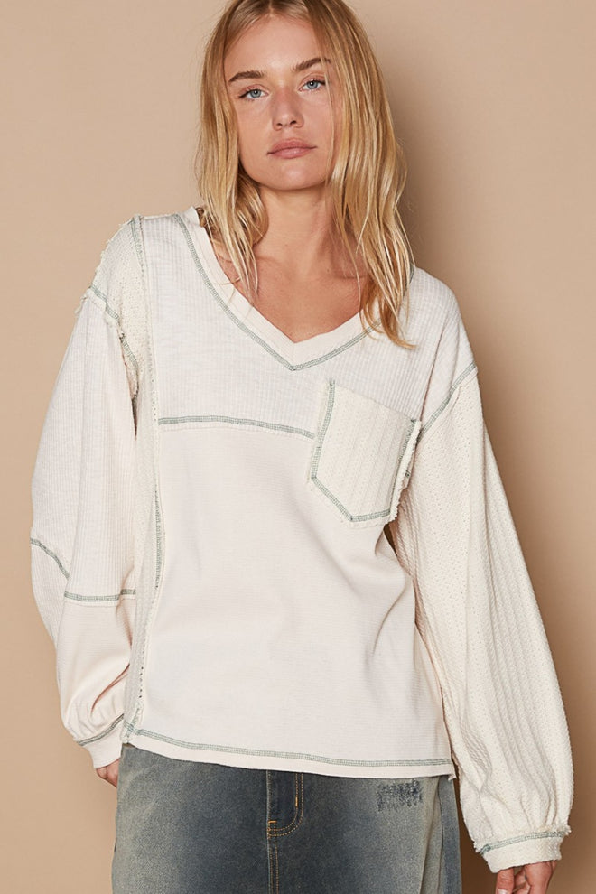 POL V-Neck knit Panel Exposed Seam Top