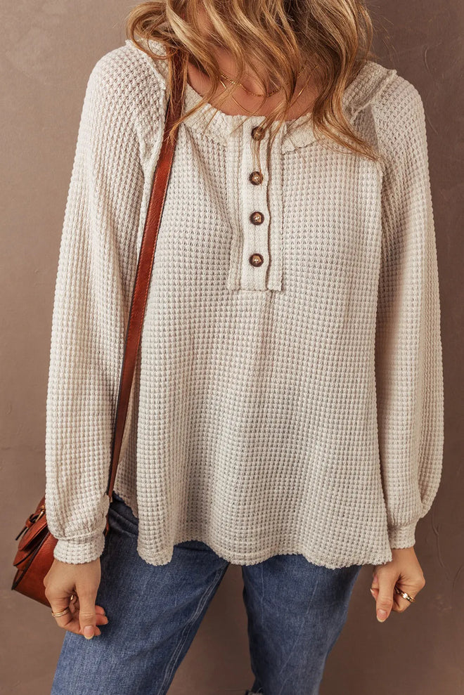 Waffle-Knit Half Button Round Neck Long Sleeve Top