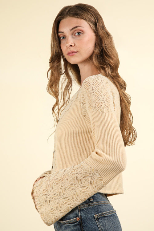 VERY J V-Neck Lace Detail Button Down Crop Ribbed Knit Top