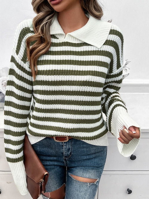 Devine Striped Collared Neck Long Sleeve Sweater