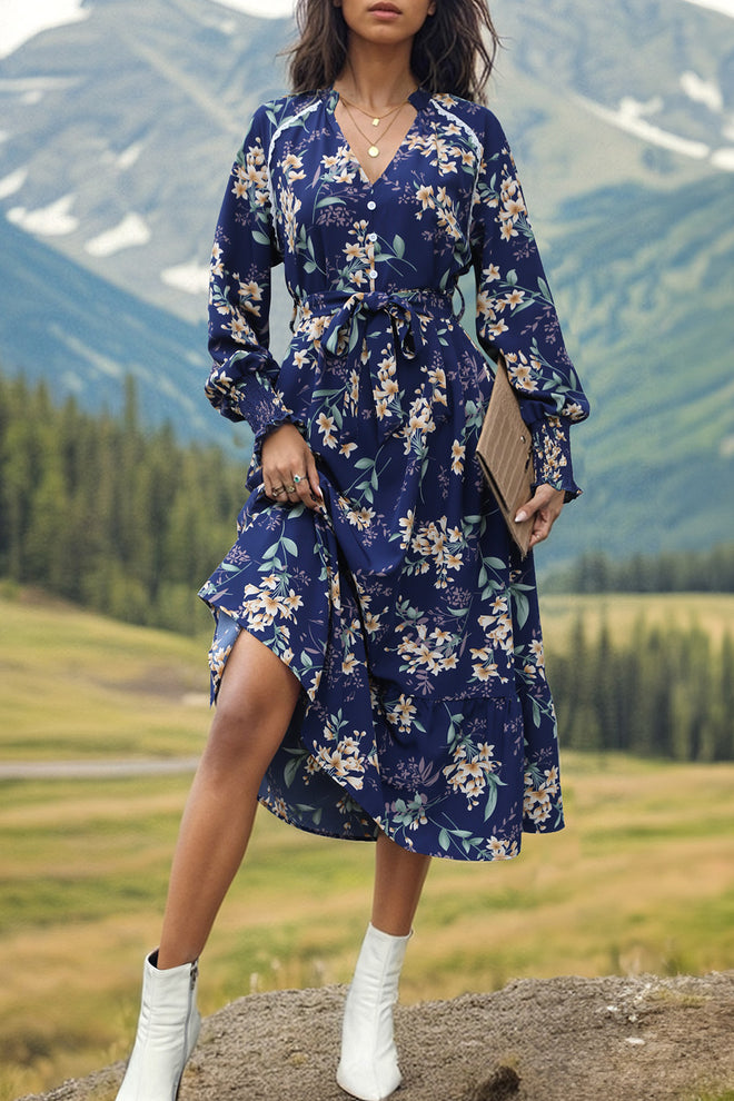 Perfee Printed Notched Lantern Sleeve Midi Dress