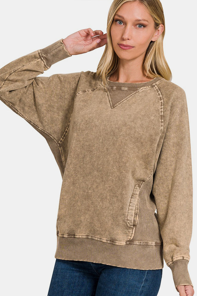 Zenana Pocketed Round Neck Sweatshirt