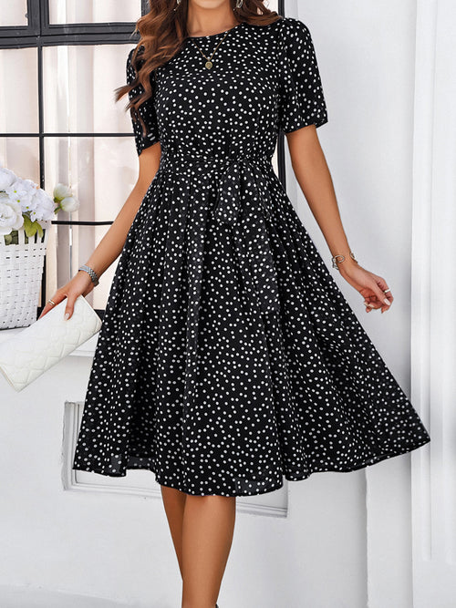 Devine Printed Round Neck Short Sleeve Dress