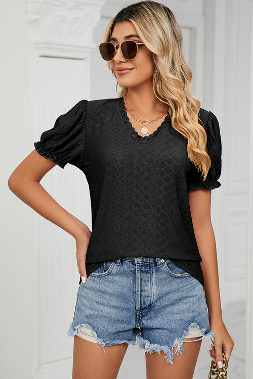 Eyelet V-Neck Short Sleeve Top