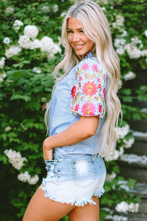 Embroidered Plaid Round Neck Short Sleeve Blouse