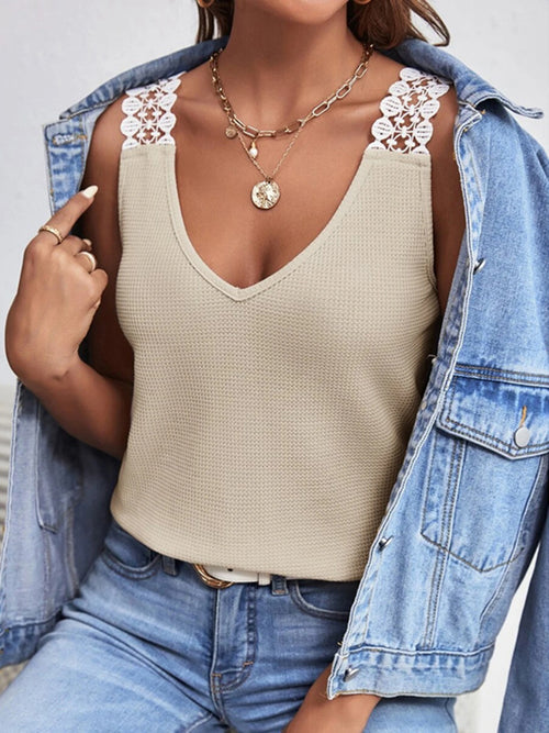 Lace Detail Waffle-Knit V-Neck Tank