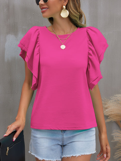 FAM-FAM Round Neck Flounce Sleeve Blouse