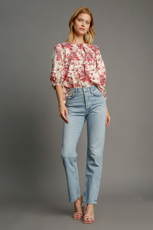 Umgee Floral Pleated Detail Lace Trim Sleeve Blouse