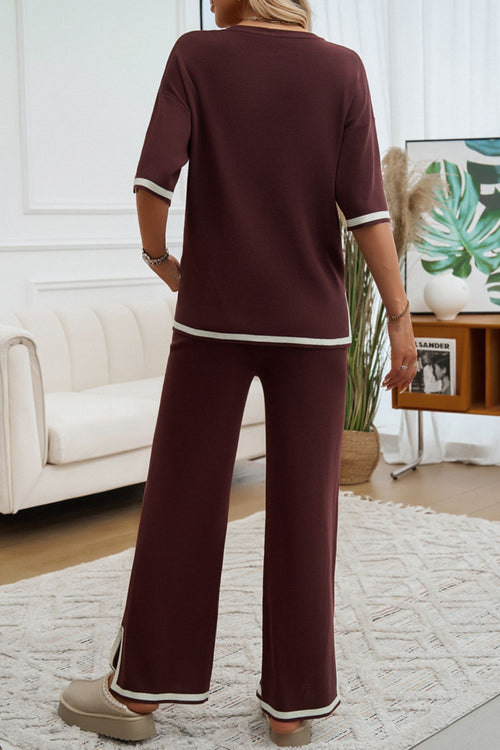 Devine Contrast Trim Half Sleeve Top and Pants Set