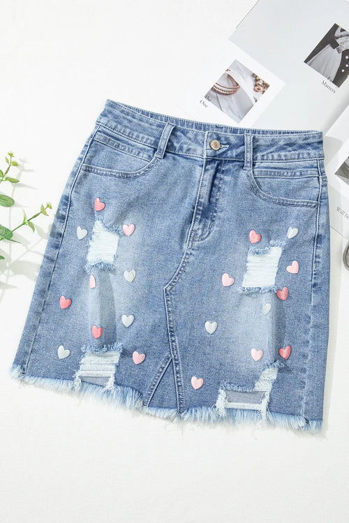 Distressed Raw Hem Heart Mini Denim Skirt