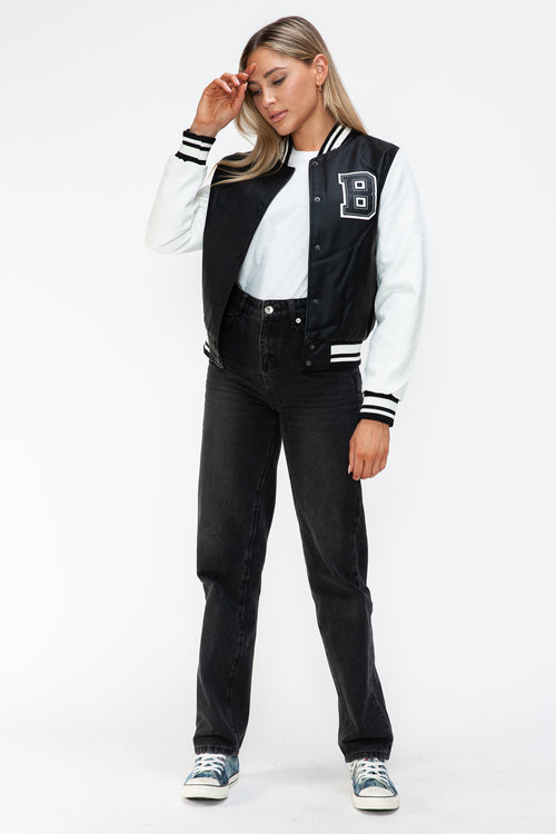 Love Me Now PU Leather Contrast Snap Down Bomber Jacket