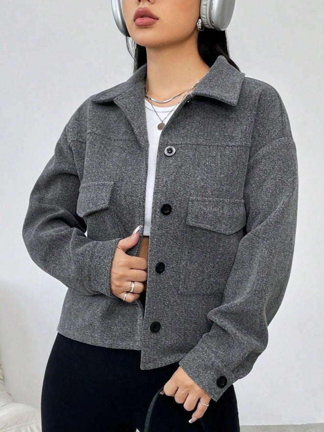 Button Up Dropped Shoulder Long Sleeve Outerwear