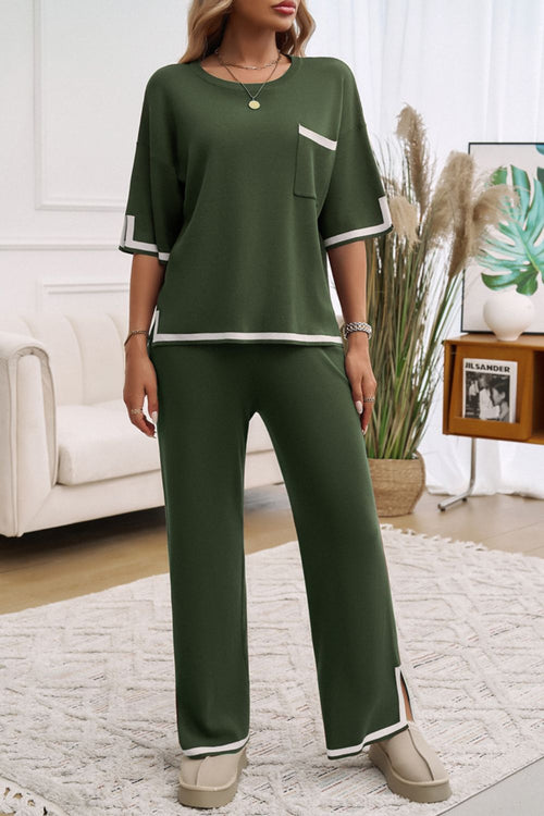 Devine Contrast Trim Half Sleeve Top and Pants Set