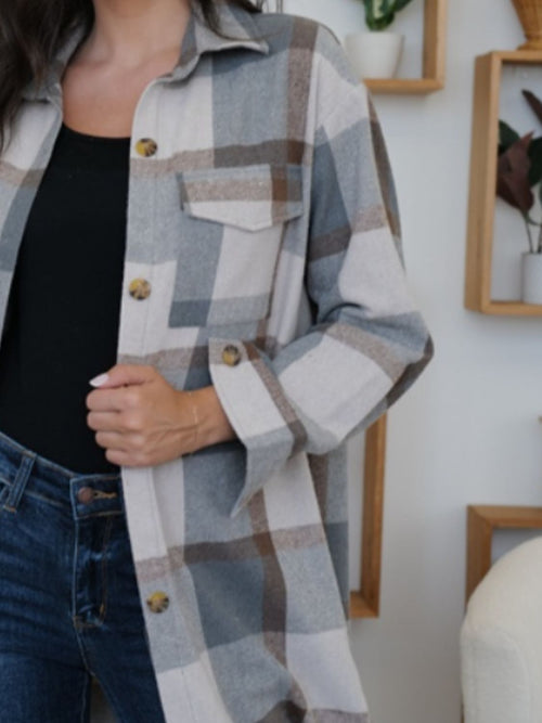 FAM-FAM Plaid Collared Neck Long Sleeve Longline Jacket