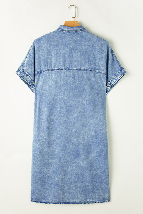 Pocketed Button Up Half Sleeve Denim Dress