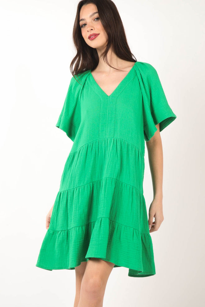 VERY J Texture V-Neck Ruffled Tiered Dress