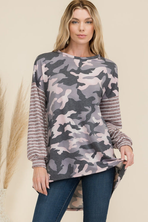 Celeste Full Size Camo Print High-Low T-Shirt with Stripe Sleeves