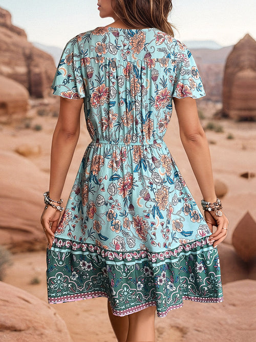 Perfee Printed V-Neck Flutter Sleeve Dress