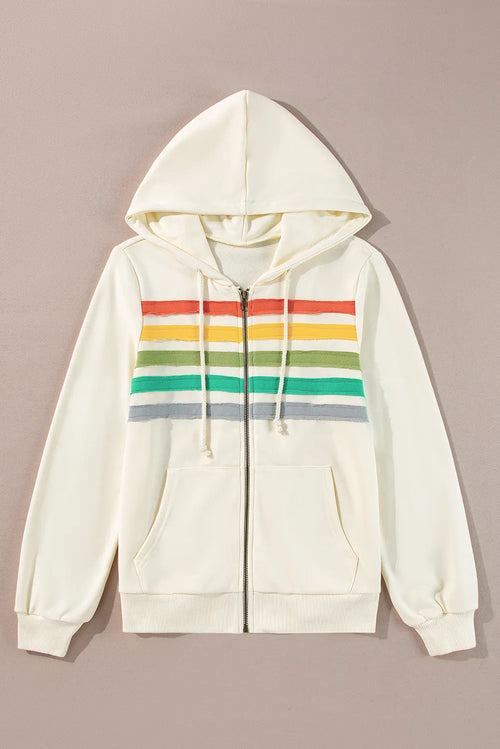 Drawstring Contrast Zip Up Long Sleeve Hoodie