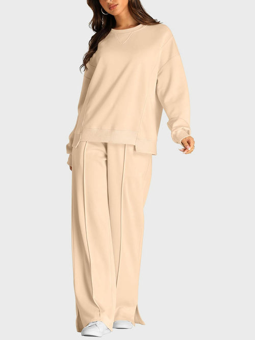 Round Neck Long Sleeve Top and Slit Pants Set