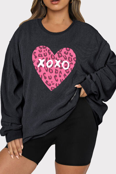 Plus Size XOXO Heart Round Neck Long Sleeve Sweatshirt
