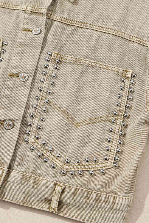 Studded Collared Neck Denim Jacket with Pockets